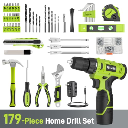 Image of FADAKWALT 12V Cordless Drill Driver Set, 179 Pieces Power Tool Kit with Battery & Charger, 3 /8 inch Keyless Chuck, 21+1 Torque, 180 In-lbs Torque, LED Work Light, Portable Storage Bag(Green)