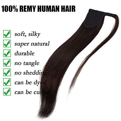 Elailite Brown Human Hair Ponytail Real Hair Extension Straight - Wrap Around Clip in Ponytail 100% Remy Hair (#2 Dark Brown, 22 Inch) - Image 4