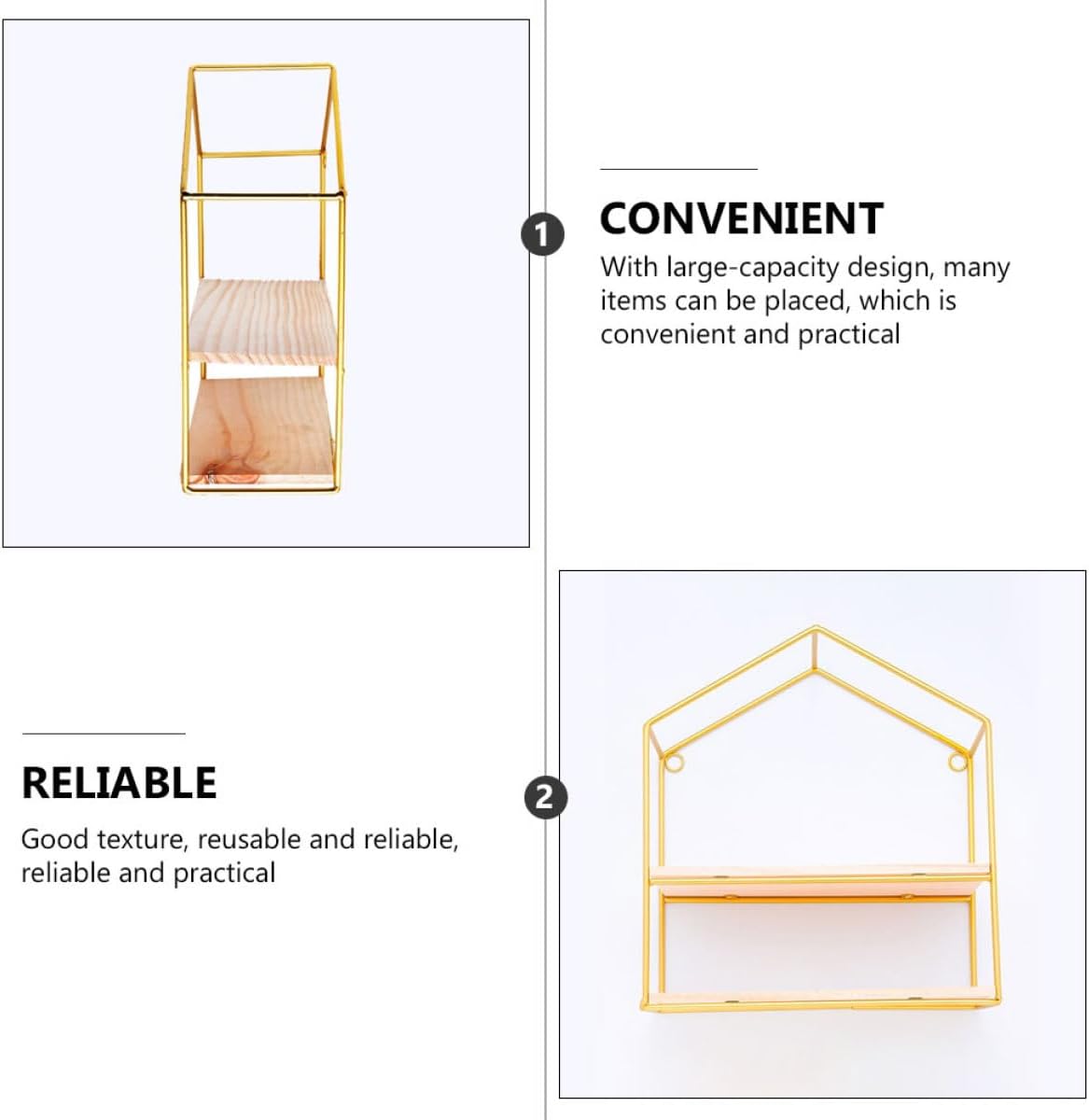 BESTOYARD Gold Wall Shelf Double-Layer Metal Decorative Hanging Shelf with Golden Frame, Wall Mount Rack for Living Room Home Decor