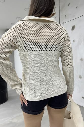 Women's V Neck Long Sleeve Crochet Knit Sweater4