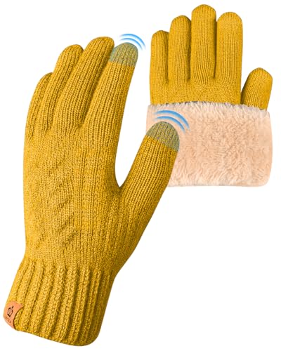 ARFNKIM Thermal Winter Gloves-Fleece Lining Touch Screen Knit Stretchy Warm Gloves for Running Cycling Riding- Men Women (Yellow)