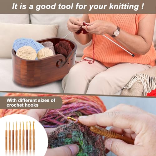 Image of Wooden Yarn Bowl with 9pcs Knitting Hooks,Oval Knitting Yarn Bowl for Crocheting,Handmade Knitting Yarn Holder,Wood Storage Crochet Bowl for Crocheting and Knitting Lovers(Brown)