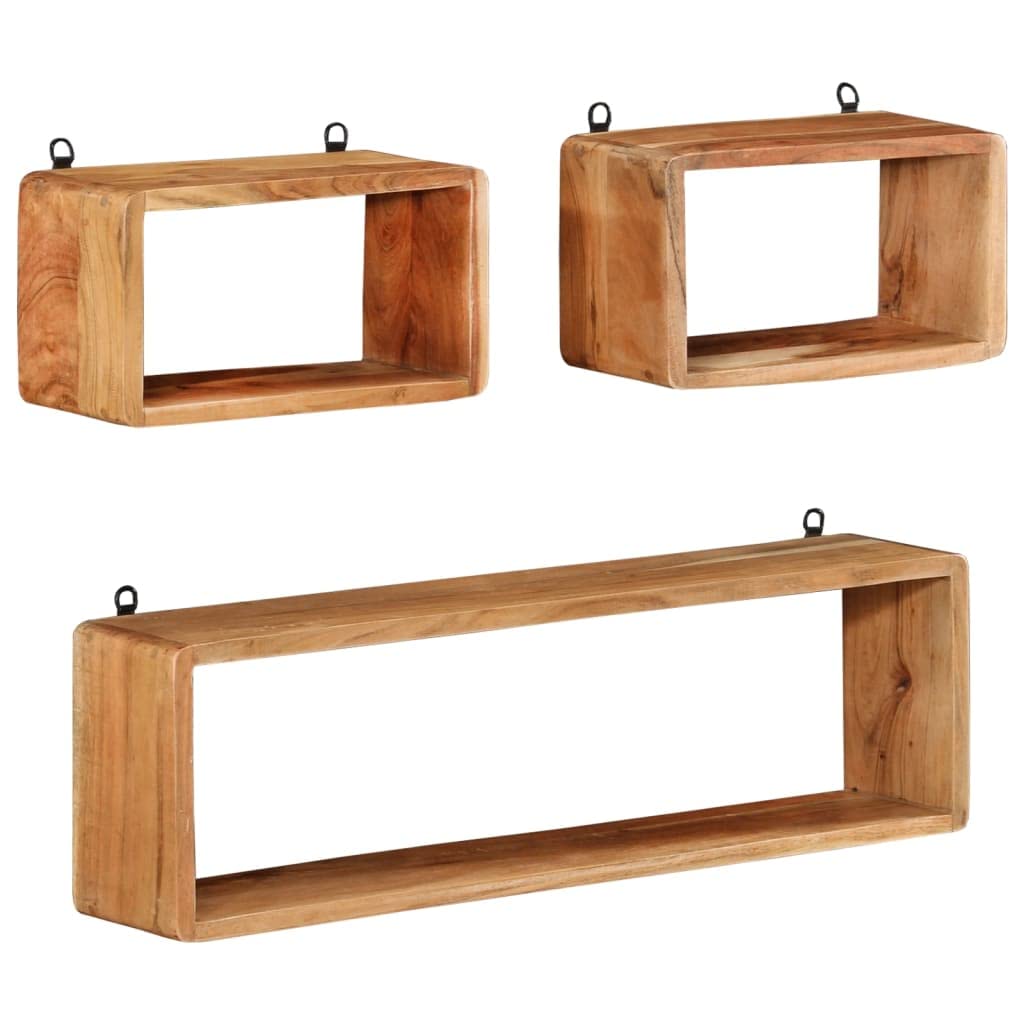 Wandregal Set aus massivem Akazienholz 80x15x25 cm und 35x15x20 cm Natürliche Maserung Stabiles Bücherregal für Wohnzimmer Küche und Badezimmer