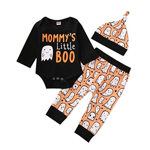 Image of Doisbetthsay My First Halloween Baby Boy Outfit Newborn Long Sleeve Romper Pants Hat Baby Pumpkin Clothes Fall Winter (Boo Black, 3-6 Months)