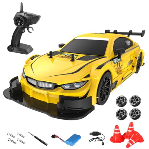 Coche RC Drift 1:16, 4wd, 40 Km/h, Transmisión CVT, Neumáticos De Carreras Drift, Alerón Trasero, Simulación De Competición (Yellow)