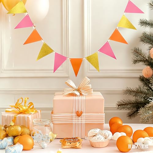 Image of MOWO Hot Pink Orange and Gold Pennant Banner Paper Bunting, 30pc, 20 feet | Hanging Decoration, Graduation Birthday Autumn Fall Groovy Theme Party, new year valentines day party decoration