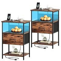 Somdot Bedside Table Set of 2 with Charging Station and LED Light, Small Bed Side Table for Bedroom Dorm Kids Room Closet, 1 Drawer Bedside Cabinet with 2 Outlets and 2 USB Ports, Wood Grain Print