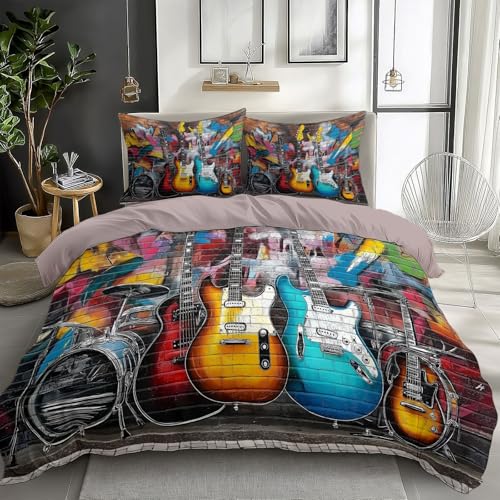 Dusty Rose California King Duvet Cover Graffiti Wall Guitar Instrument Color Cal King Bedding Set 3 Pieces, Soft and Breathable Microfiber Comforter Cover with 2 Pillow Shams, for All Season