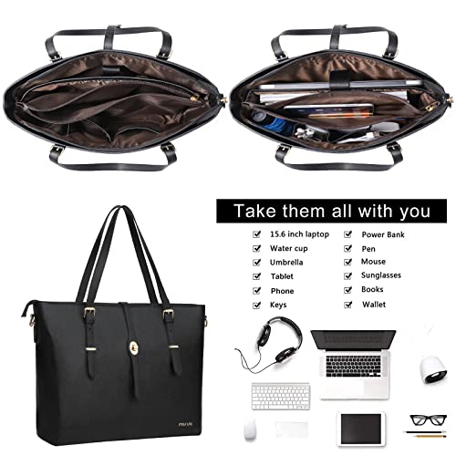 MOSISO Laptop Tote Bag Compatible with MacBook Pro 16 inch M4 M3 M2 M1 2025-2019, 15-15.6 inch PU Leather Briefcase with Middle Button & Small Purse&Shoulder Strap, Black2