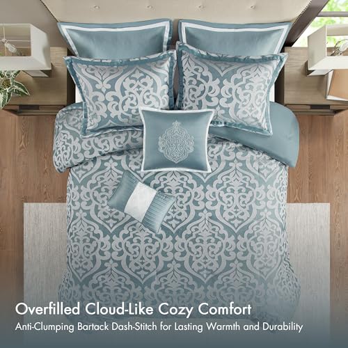 Image of Madison Park Modern Jacquard Damask Medallion Comforter Set, 8PC King | All Season Down Alternative Bedding with Comforter, Shams, Bed Skirt, Decorative Pillows, Aqua