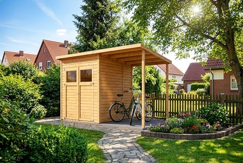 Alpholz Gerätehaus Mollie Plus 335x199 cm Fichtenholz 14 mm Wandstärke Pultdach mit Anbau und...
