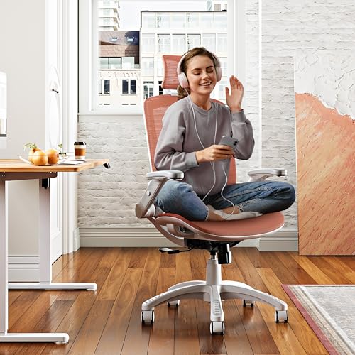 Image of GABRYLLY Ergonomic Office Chair, High Back Home Desk Chair with Headrest, Flip-Up Arms, 90-120 Tilt Lock and Wide Cushion, 400LBS Mesh Chairs for Man Woman, White Task Chair(Orange,GY01WOR)
