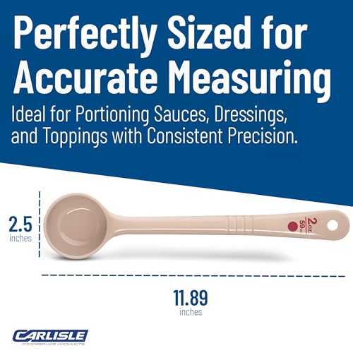Image of Carlisle FoodService Products 2 Ounce Portion Control Spoon - Long Handle - Flat Bottom Server for Sauces & Toppings, Color Coded Measuring Utensil, Beige