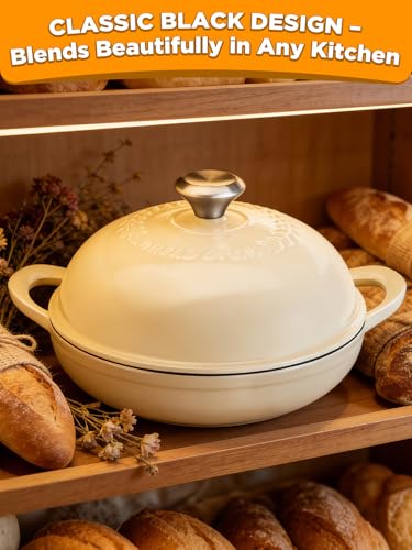 Image of Dutch Oven Bread Baking Pot with Lid 6QT Enameled Cast Iron Oven, White Design & Complete Sourdough Kit (Banneton Basket, Dough Tools, Silicone Sling) for Artisan Bread Making