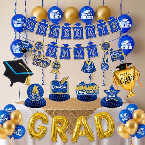 Image of Royal Blue and Gold Graduation Party Decorations 2026 - Class of 2026 Grad Balloons Garland Kit with Banner, Honeycomb Centerpieces, Hanging Swirls, Foil Trophy Balloons for Prom Senior Night