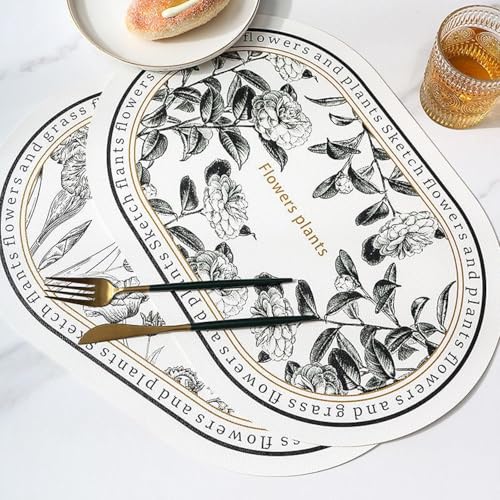 Image of Yelona White Oval Leather Placemats | Elegant Floral Design, Waterproof Stain Resistant | Easy Clean Faux Leather Table Mats (Graceful Blooms, Pack of 6)