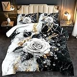 llyxsesty Marble Floral Comforter Set for Twin Bed Women,Vintage Flower Bedding Set Twin,White and Black Comforter Rose Quilt for Girls,Rose Bedding Floral Bedroom Decor Adults