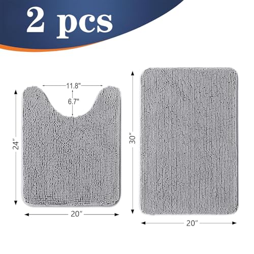 Image of OLANLY Bathroom Rugs Sets 2 Piece, Soft Absorbent Chenille Bath Mats and U-Shaped Contour Toilet Mat Area Rug Set, Machine Washable Bath Carpet, Home Decor Accessories(30 inchx20 inch+24 inchx20 inch, Light Grey)