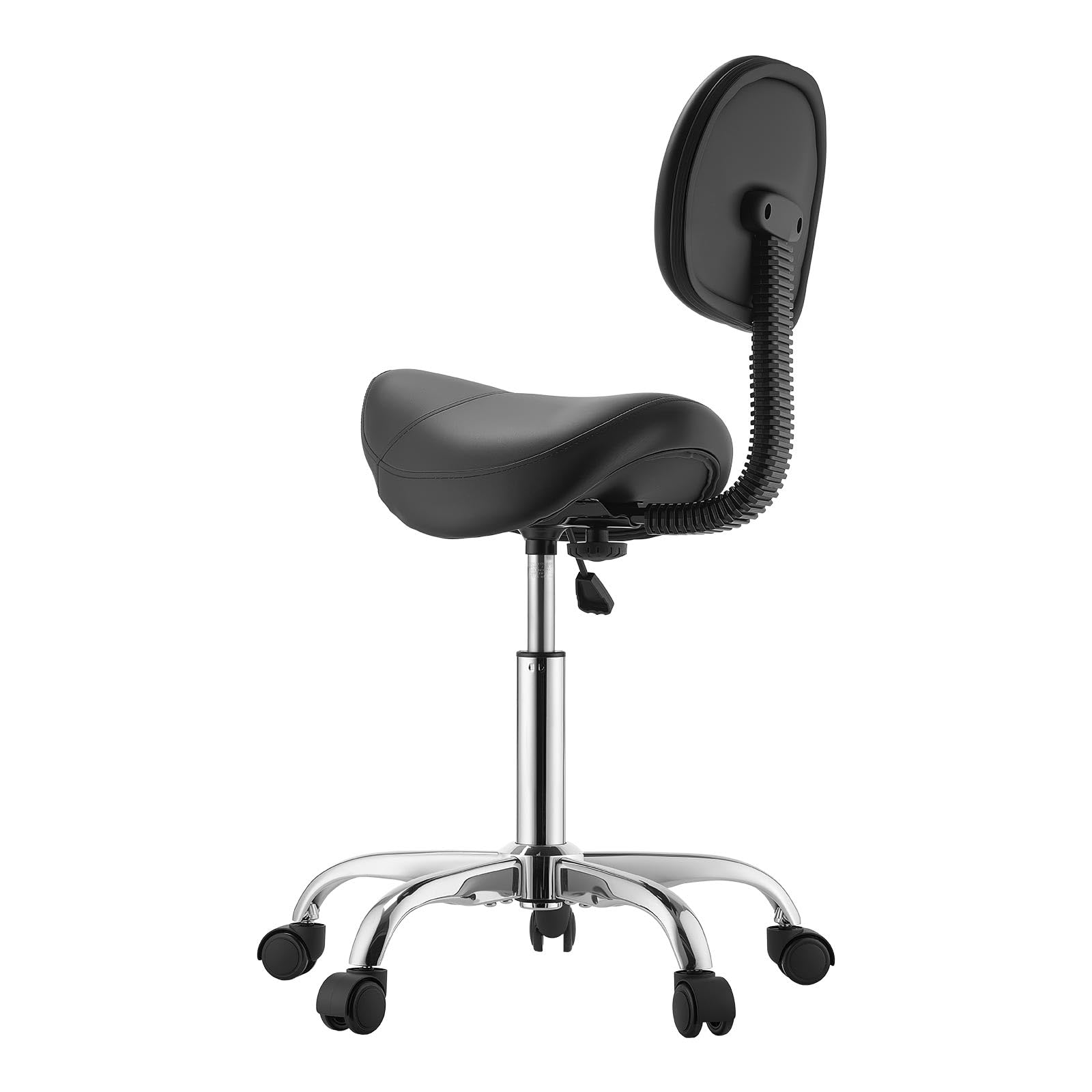 VEVOR Taburete Tipo Silla de Montar, Taburete Giratorio con Ruedas y Respaldo, Altura Ajustable de 53-69 cm, Capacidad de Carga 226,8 kg, Asiento Ergonómico, Silla para Oficina Estudio Clínica, Negro