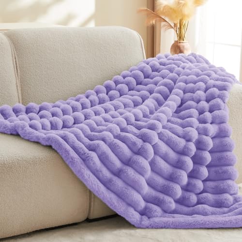 Image of BEDELITE Faux Fur Throw Blanket for Couch, 770GSM, 60 inch x 80 inch, Lavender | Soft and Cozy Luxurious 3D Striped Fluffy Blanket, Warm Plush Fuzzy Faux Rabbit Fur for Women Gift, Stylish Room Decor