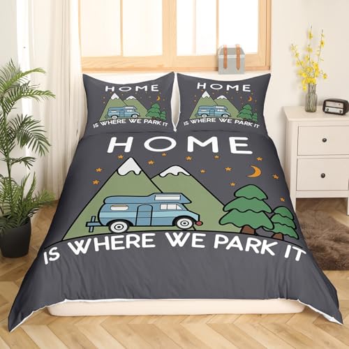 Camping Bettwäsche Set 135x200cm für Jungen Mädchen Campingwagen Wohnmobil Bettwäsche Jugendliche Kinder Camper Abenteuer Reisen Bettbezug Vintage Raumdekoration rustikale Landhausstil Kollektion