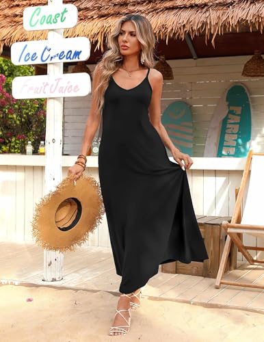 Image of Zeagoo Womens Summer Casual Dress Spaghetti Strap Long Dresses for Women Flowy Maxi Dress Loose Black Sundress, A-Black,XXL