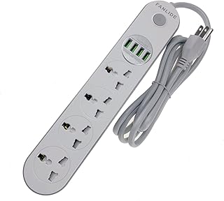 Universal Power Strip with USB Ports, FANLIDE Extension Cord with Multiple outlets, 4 Outlets 4 Smart USB, 6.5ft Power Cord, 2500W Circuit Breaker, Child Safe Door, fit for Cruise Ship, Dorm Room