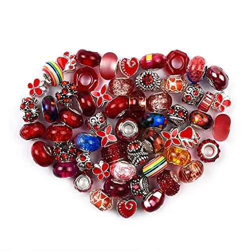 Aipridy European Large Hole Beads Colorful Glass Charm Beads Set Assorted Patterns and Designs Rhinestone Craft Beads for DIY Bracelet Jewelry Making (60 Siam Resin+Alloy)
