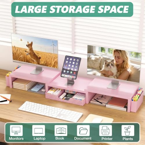 Image of OPNICE Desk Organizer and Accessories, Computer Monitor Stand Riser with Drawer and 2 Pen Holders, Laptop Stand, Office Desk Accessories for Office Supplies, Pink