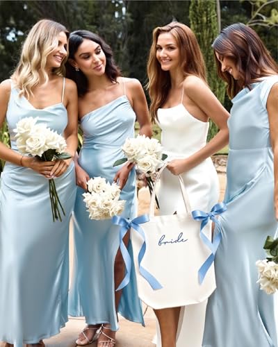 Bolsa tote de lienzo con lazo azul para novia miniatura 5