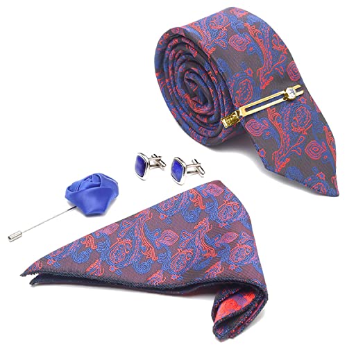 Image of LOUIS STITCH Mens Silk NeckTie Golden Tiepin Gift Combo Set With Pocket Square Cufflinks Brooch Tie Golden Tiepin (Suit Accessories) (Britain)