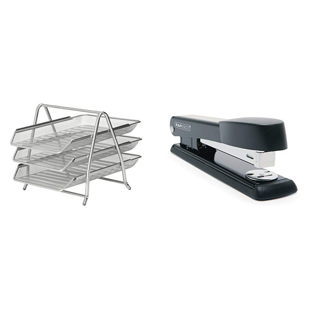 Osco Mesh Letter Tray 3-Tier Scratch-resistant Stackable Front-load Portrait Foolscap Silver Ref 3TT S & Rapesco Stapler R54500B2 - Marlin, 25-sheet capacity. Uses 26 and 24/6mm Staples - Black