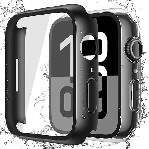 Image of Misxi [2 Pack] Waterproof Hard Case with Tempered Glass Compatible with Apple Watch Series 11 (2025) Series 10 42mm, Overall Protective Cover for iWatch Screen Protector, 1 Black + 1 Transparent