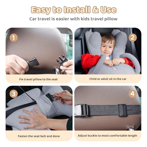 Image of FLORICH Car Sleeping Travel Pillow for Kids, Kids Travel Pillow Removable H-Shaped Pillow for Adults and Children to Support Head and Body Road Trips with Neck Pillow and Blanket (Grey)