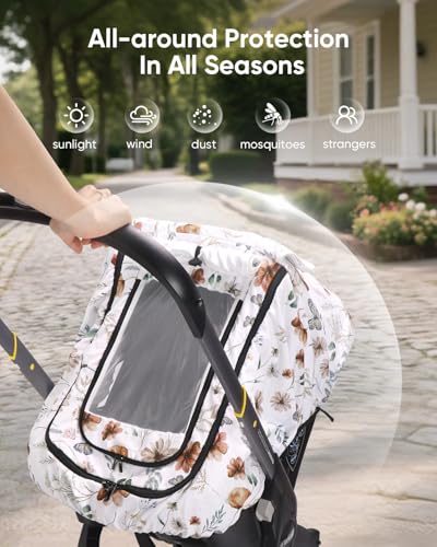 Image of Car Seat Cover Baby Girls, Infant Car Seat Canopy Outdoor, 2 Layers with Mesh and Sun Shade Window for Summer Winter, Easy Access Carseat Covers Snug Fit Baby Stroller - Brown Wildflower