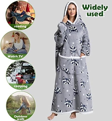 Your's Bath Oversized Blanket Hoodie 55 Inch Extra Long Soft Wearable Blanket with Sleeves and Large Front Pocket Winter Warm Sweatshirt Blanket Comfortable Cozy Blanket for Adult Men Women(raccoon)