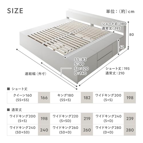 RASIK ベッド ショート丈クイーン160(ショート丈セミシングル+ショート丈セミシングル) ボンネルコイルマットレス付き ブラウン 収納付き 引き出し 大容量 チェスト 宮棚付き コンセント お客様組立 Slektia スレクティア