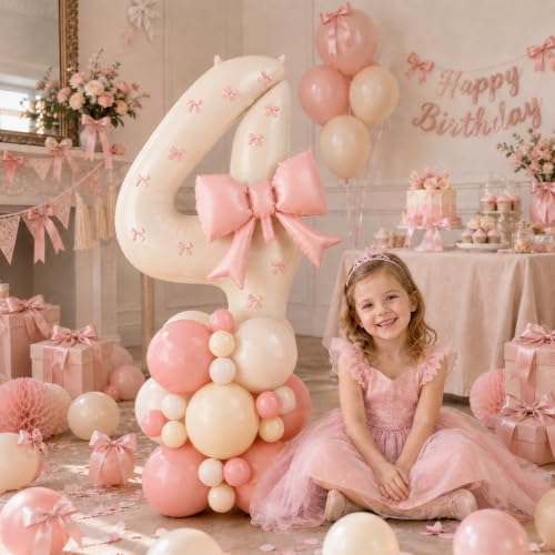 Image of 40 Inch Pink Beige Number 4 Balloon Tower with Bow 4th Birthday Decorations