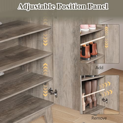 Image of Shoe Cabinet Storage for Entryway with Doors, 4 Tier Fluted Shoe Organizer with 2 Drawers, Entryway Shoe Storage with Adjustable Shelves, Freestanding Hidden Shoe Rack for Front Door Entrance, Grey