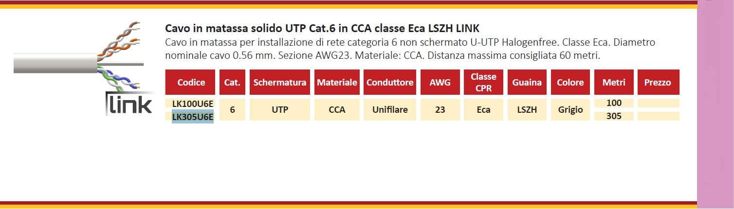 LINK LK305U6E - Cavo UTP solido Categoria 6 (305 m, Grigio) – Guaina senza alogeni per installazione fissa in canalina a muro – Conforme CPR Classe Eca e standard ISO/IEC 11801
