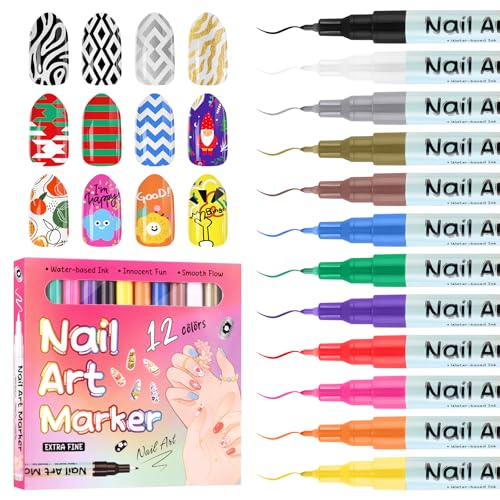 Kalolary 12 Color 0.5MM Nail Art Pens Set, 3D Nail Pens Nail Point Graffiti Dotting Pen Drawing Painting Liner Brush for DIY Nail Art Beauty Adorn Manicure Tools