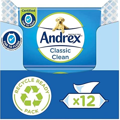 Andrex Classic Clean Washlets - 12 Packs - Flushable Toilet Tissue Wet Wipes with Micellar Water - Biodegradable & Plastic-Free - Use with regular Andrex Toilet Roll for a Shower Fresh Clean Cover