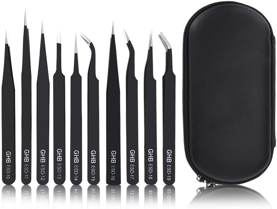 GHB 10pcs Precision ESD Anti-Static Stainless Steel Tweezers Kit with Storage Bag