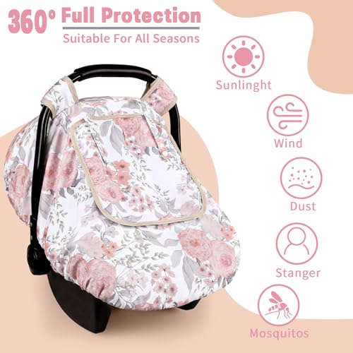 Image of Car Seat Cover Baby, HNHUAMING Infant Car Seat Covers Canopy for Baby Girl Boy, Cozy & Windproof Newborn Carseat Covers Mink Dot Backing Stroller Cover with Breathable Mesh Window, Pink Floral