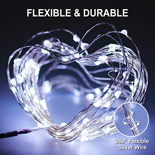 JMEXSUSS 2 Pack 33ft 100 LED Solar Fairy Lights Outdoor Waterproof, Silver Wire White Solar String Lights, 8 Lighting Modes Decoration Solar Christmas Lights for Patio Wedding Party Tree Garden