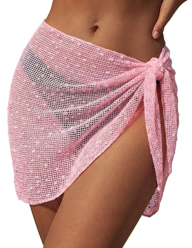 Ekouaer Sarong Wraps for Women Beach Cover Up Short Crochet Bikini Swimsuit Coverup Skirts for Swimwear Light Pink