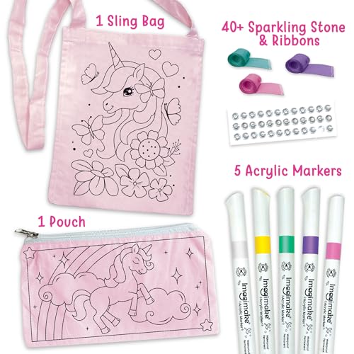 Image of Imagimake Fabric Art Unicorn | DIY Craft Kit for Girls Age 5+ | Fabric art kit: decorate 1 sling bag & 1 unicorn pouch with 5 acrylic markers, 40+ stones & ribbons; mess-free; girls 5+