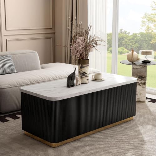 Image of Furniture of America Beryl Modern Rectangle White Genuine Marble Top Coffee Table with Fluted Pedestal Base and Gold Stainless Steel Accent, Low Profile Table for Living Room, Home Office, Black