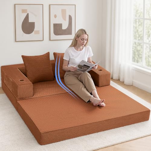 Image of COMAX Futon Sofa Bed, 4‑in‑1 Convertible Sofa Bed, Folding Boneless Couches | Boneless Couch for living room, Fold Out Small Foldable Loveseat Floor Sleeper Mattress Lounge Space‑Saving, Orange