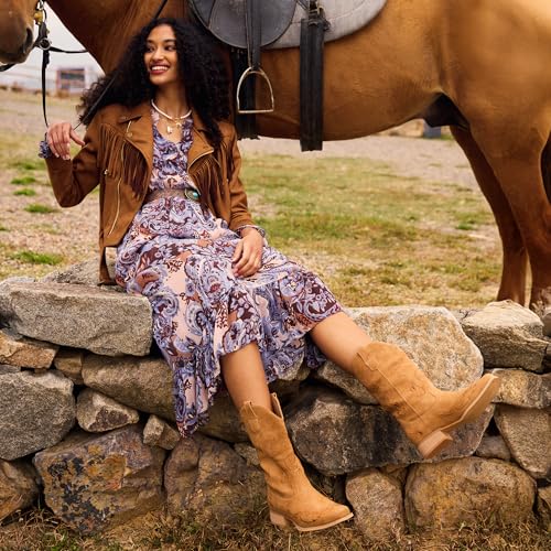 Image of DREAM PAIRS Women's Square Toe Cowboy Cowgirl Boots Pull On Low Chunky Heel Mid Calf Western Boots with Embroidered Stitched for Theme Party Country Concert